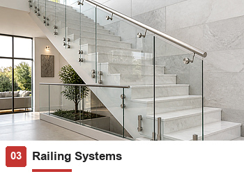 glass railing systems with stainless steel spigots, glass clamps, standoffs, handrails and balustrade fittings